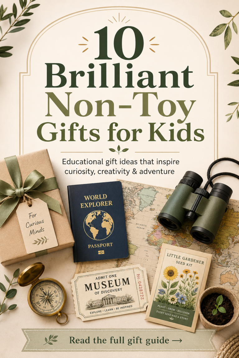 Pinterest pin featuring a wrapped gift, World Explorer Passport, binoculars, compass, museum ticket, seed kit, and world map with the title “10 Brilliant Non-Toy Gifts for Kids.”