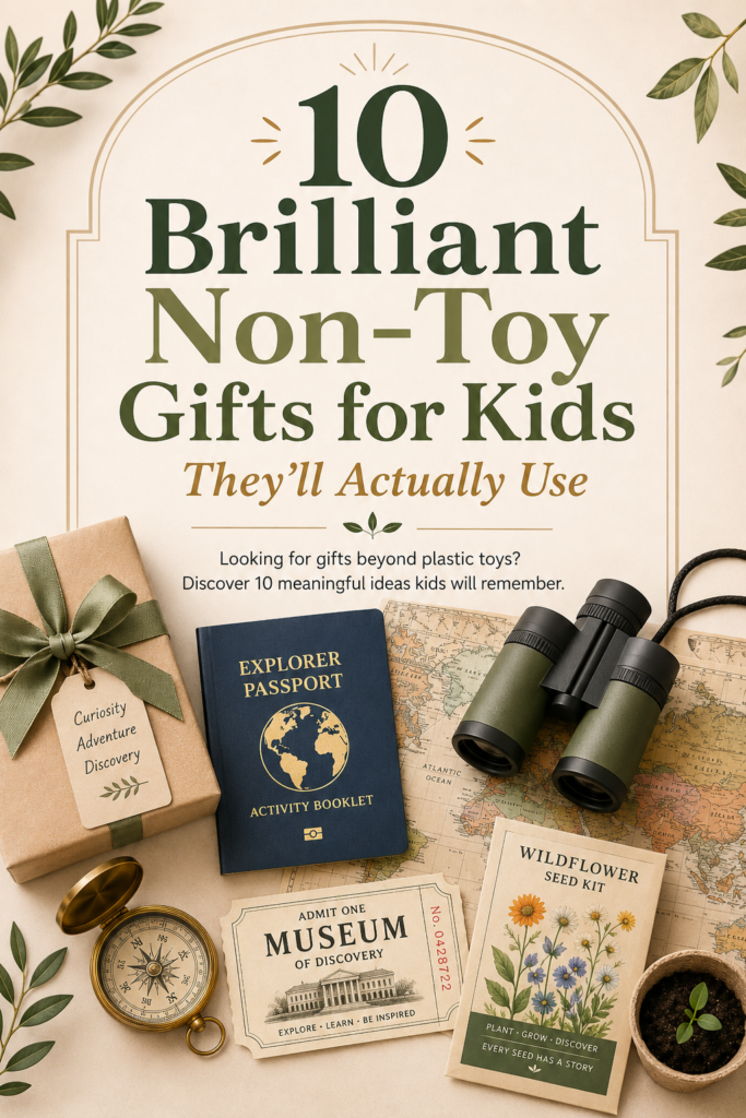 Educational non-toy gift ideas for kids displayed with a passport activity booklet, binoculars, compass, museum ticket, gardening kit, wrapped gift, and world map.
