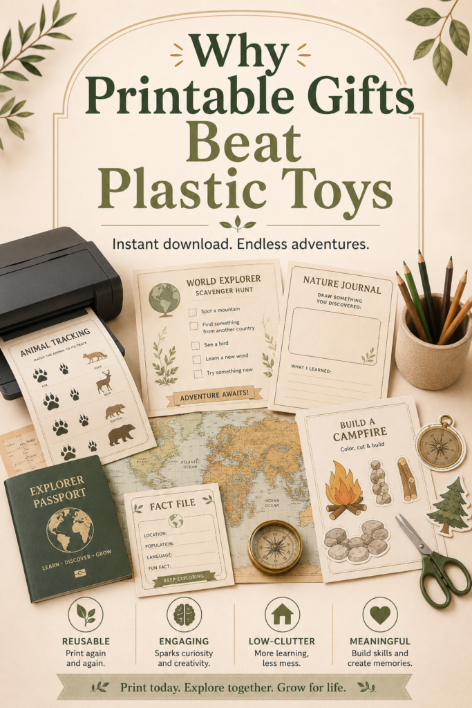 Printable educational gift activities with geography worksheets, nature journal pages, world map, printer, pencils, compass, scissors, and Explorer Passport.