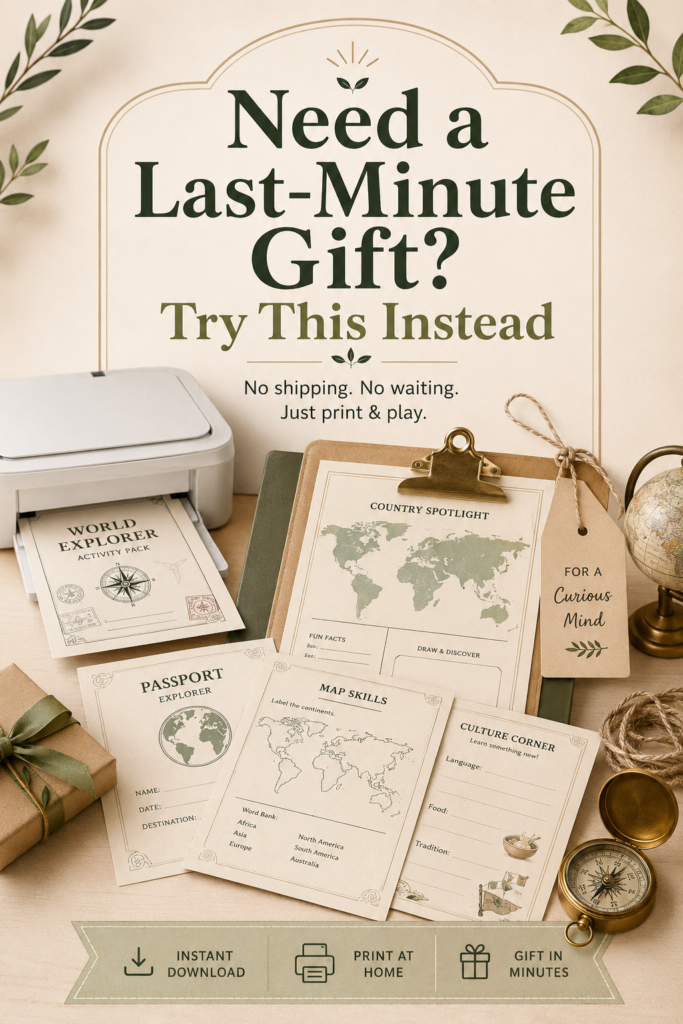 Last-minute printable gift idea featuring a home printer, World Explorer activity pages, passport worksheet, map skills activities, globe, compass, and wrapped gift.