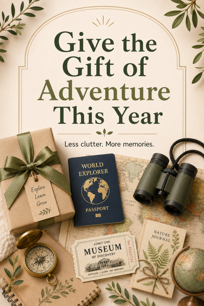 World Explorer Passport surrounded by printable country visas, explorer badges, geography activity pages, binoculars, compass, and a world map for kids.