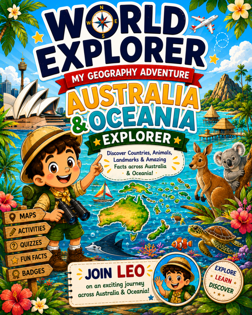Homeschool geography curriculum activity books from the World Explorer Series by Tiny Joy Studio featuring Australia Spain and USA