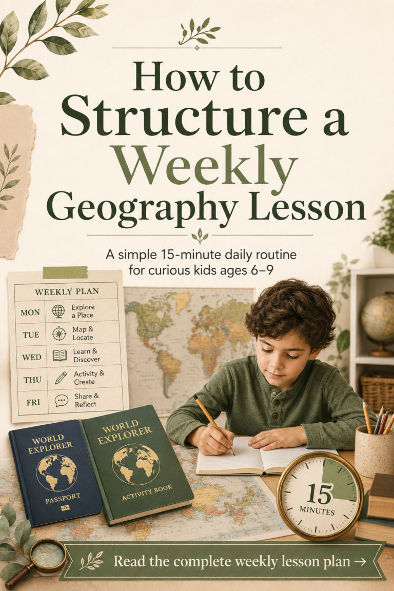 Child completing a geography activity at a desk with a world map, World Explorer book, passport, Monday-to-Friday lesson schedule, and 15-minute timer.