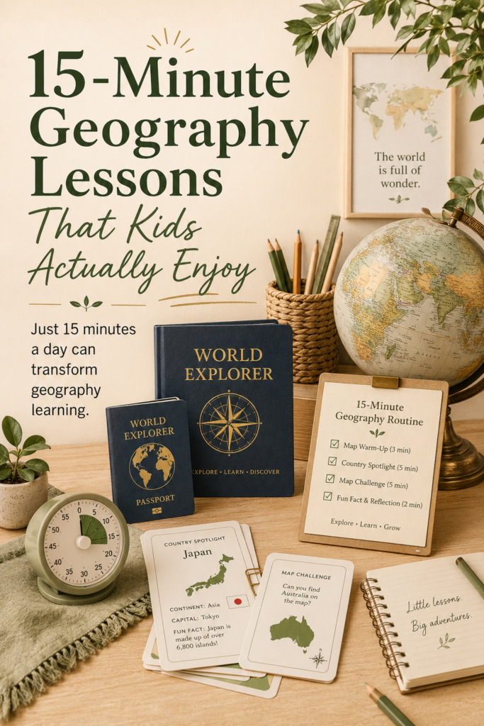 World Explorer geography materials, passport, globe, activity cards, and timer illustrating a fun 15-minute daily geography lesson for kids.