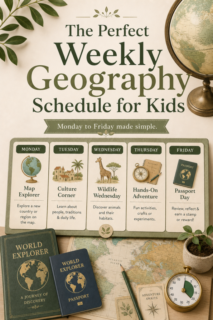 Monday-to-Friday geography schedule for kids featuring map exploration, culture, wildlife, hands-on activities, and a World Explorer passport reward day.