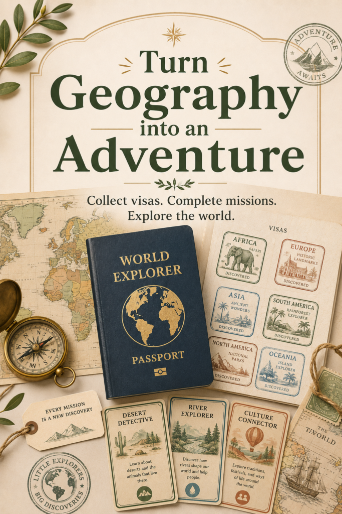 World Explorer passport surrounded by collectible visas, geography mission cards, a compass, and world map, turning geography lessons into an adventure.