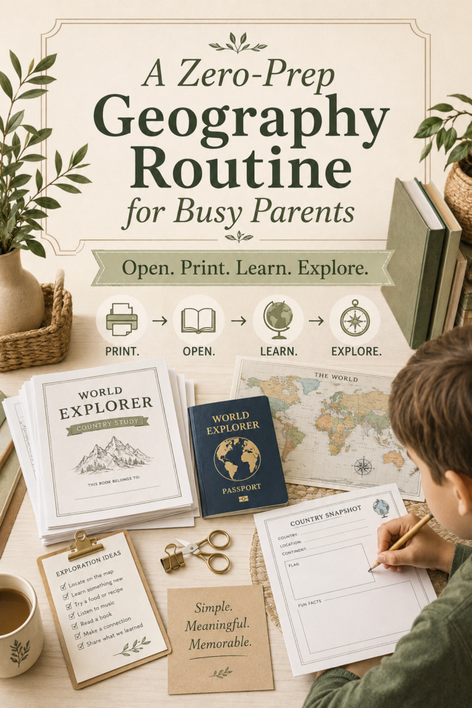 Child using printable geography worksheets beside a World Explorer passport, world map, and simple print-open-learn-explore homeschool routine.