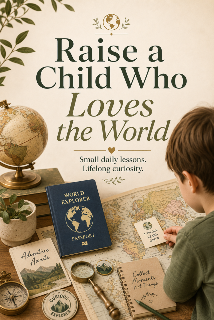 Child exploring a world map with a World Explorer passport, globe, compass, and adventure materials beneath the message Raise a Child Who Loves the World.