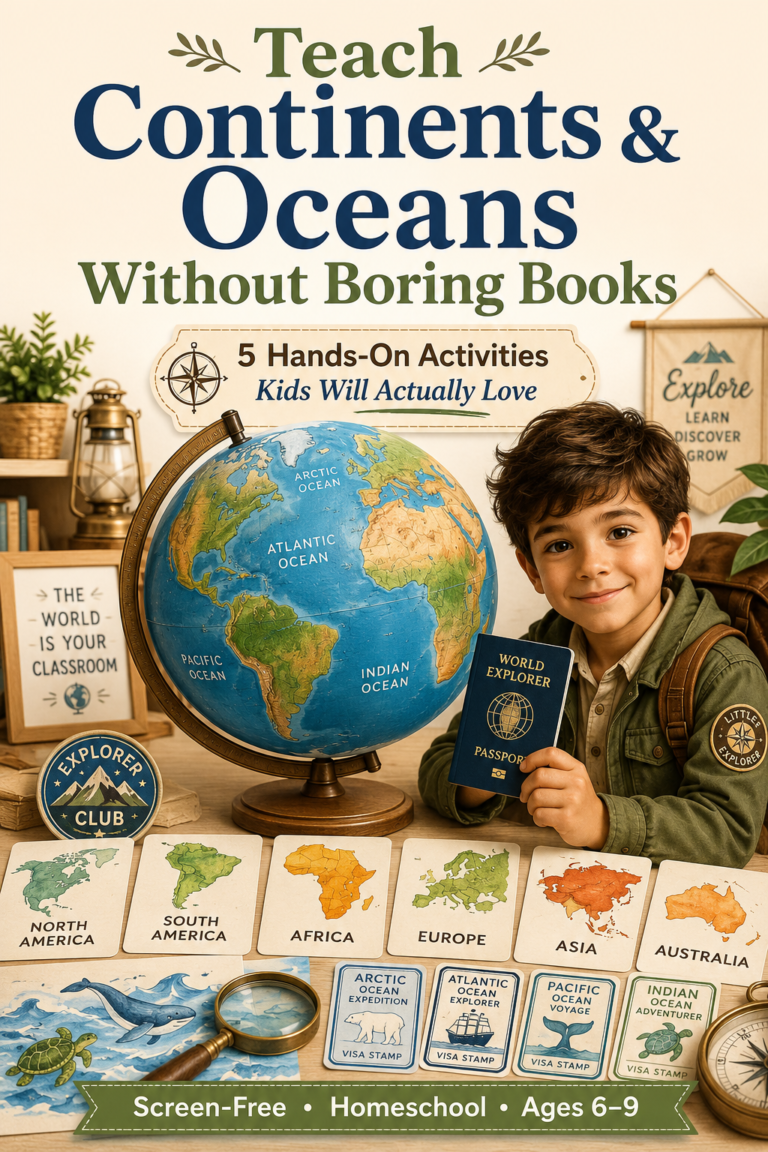 Young explorer holding a World Explorer Passport beside a large globe, continent cards, ocean learning materials, badges, and visa stamps on a warm cream homeschool background.