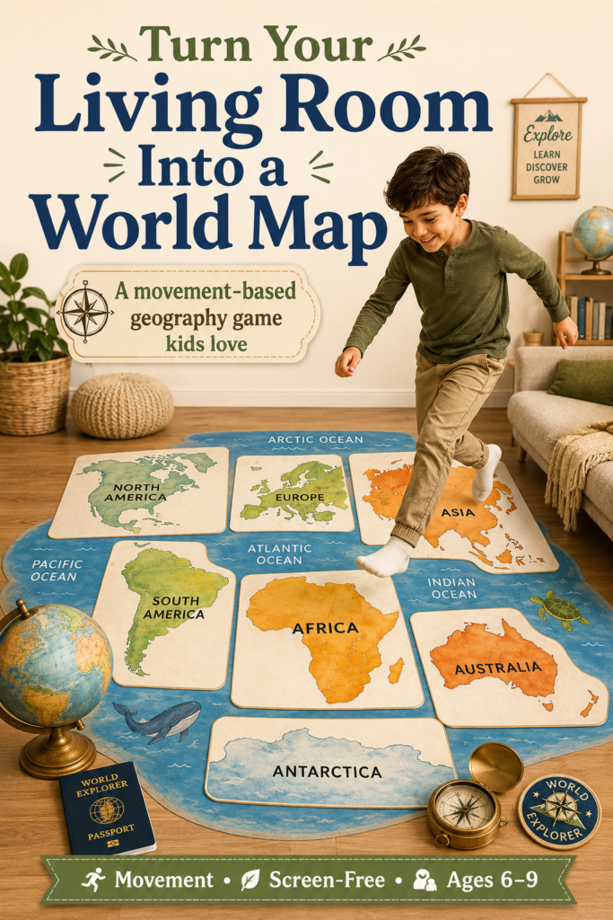 Child playing a movement-based geography game on a giant living room floor map with continent cards, ocean zones, a globe, passport, and compass.
