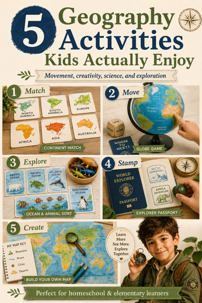 Collage of five hands-on geography activities for kids, including continent matching, globe games, ocean animal sorting, passport stamping, and map creation.