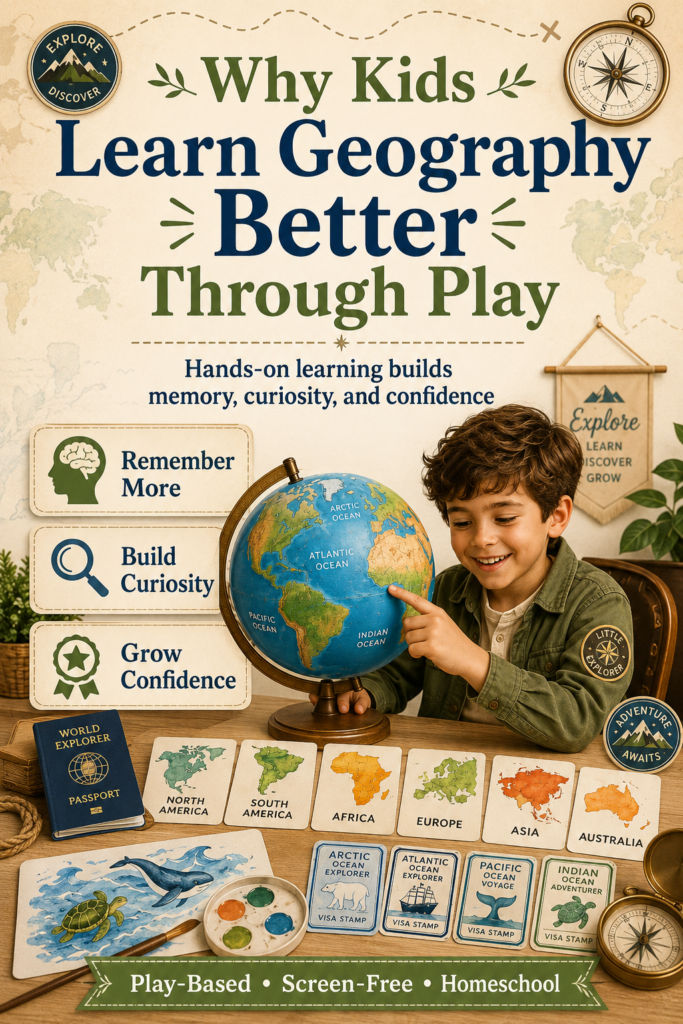 Happy child learning geography through play with a globe, continent cards, passport, visa stamps, and callouts about memory, curiosity, and confidence.