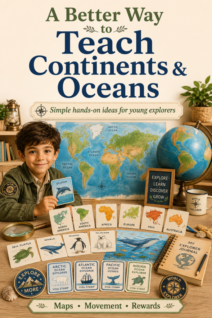 Young explorer at a homeschool geography table with a world map, globe, continent and animal cards, explorer journal, badges, and ocean visa stamps.