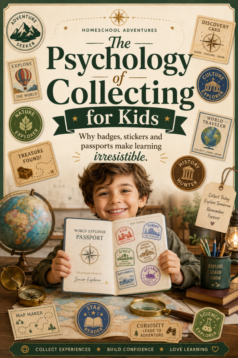 Smiling child holding a World Explorer Passport filled with colorful visa stamps, surrounded by collectible explorer badges, stickers, maps, treasure cards, a globe, and a compass.