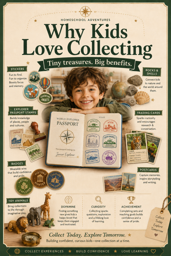 Happy child with a World Explorer Passport surrounded by stickers, rocks, shells, postcards, badges, trading cards, toy animals, and educational notes about curiosity, achievement, and motivation.