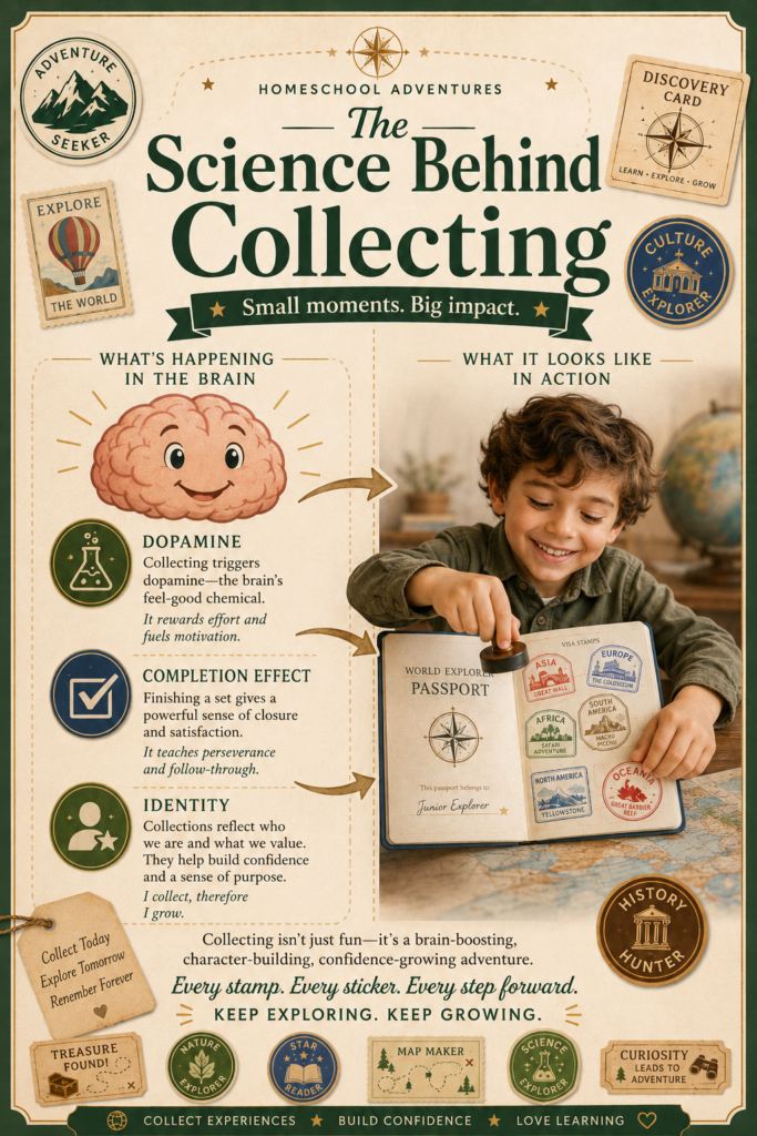 Educational infographic showing a smiling brain with dopamine, completion effect, and identity concepts connected to a child adding a visa stamp to a World Explorer Passport.psychology of collecting for kids homeschool passport and badges.