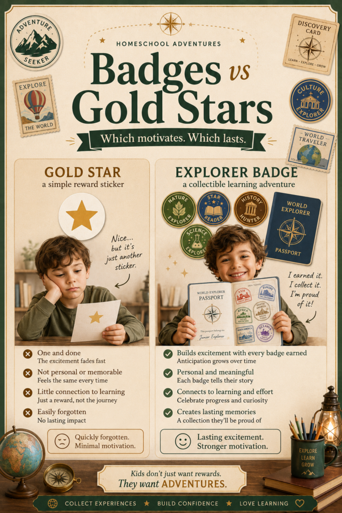 Side-by-side comparison showing a child bored with a simple gold star reward and another child proudly holding a passport filled with collectible explorer badges and visa stamps.