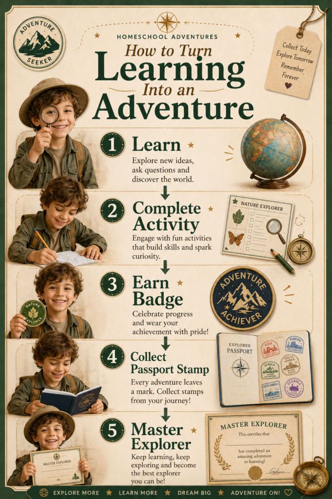 Five-step educational infographic showing a child learning, completing an activity, earning a badge, collecting a passport stamp, and becoming a Master Explorer.