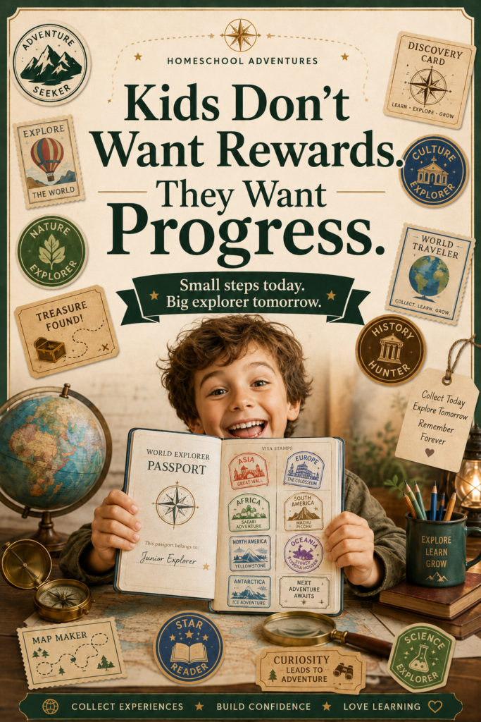 Excited child proudly holding a nearly completed World Explorer Passport with colorful country stamps, explorer badges, and one final empty space waiting to be filled.