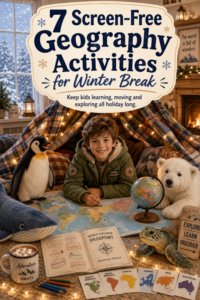 A child explorer sits inside a cozy blanket fort surrounded by a world map, globe, World Explorer Passport, continent cards, pencils, hot cocoa, fairy lights, a penguin, polar bear, whale, and sea turtle while snow falls outside.