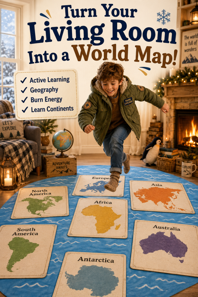 A child explorer jumps across large continent cards labeled Europe, Asia, Africa, North America, South America, Australia, and Antarctica arranged over a blue floor representing the world’s oceans.