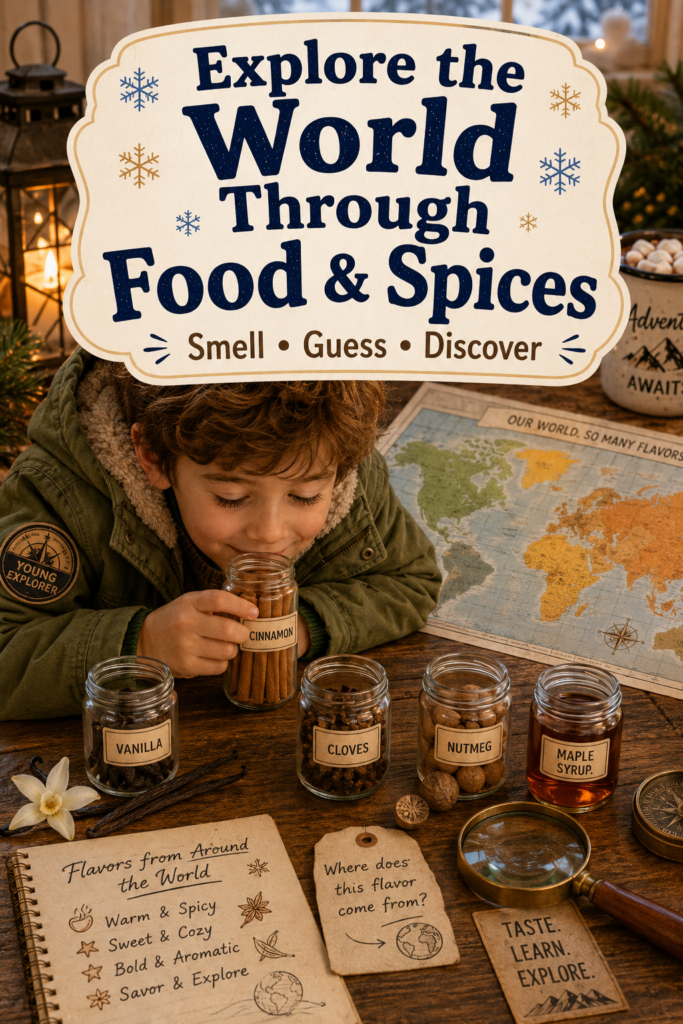 A child explorer smells a jar of cinnamon at a cozy table surrounded by vanilla, cloves, nutmeg, maple syrup, a world map, and simple geography learning materials.