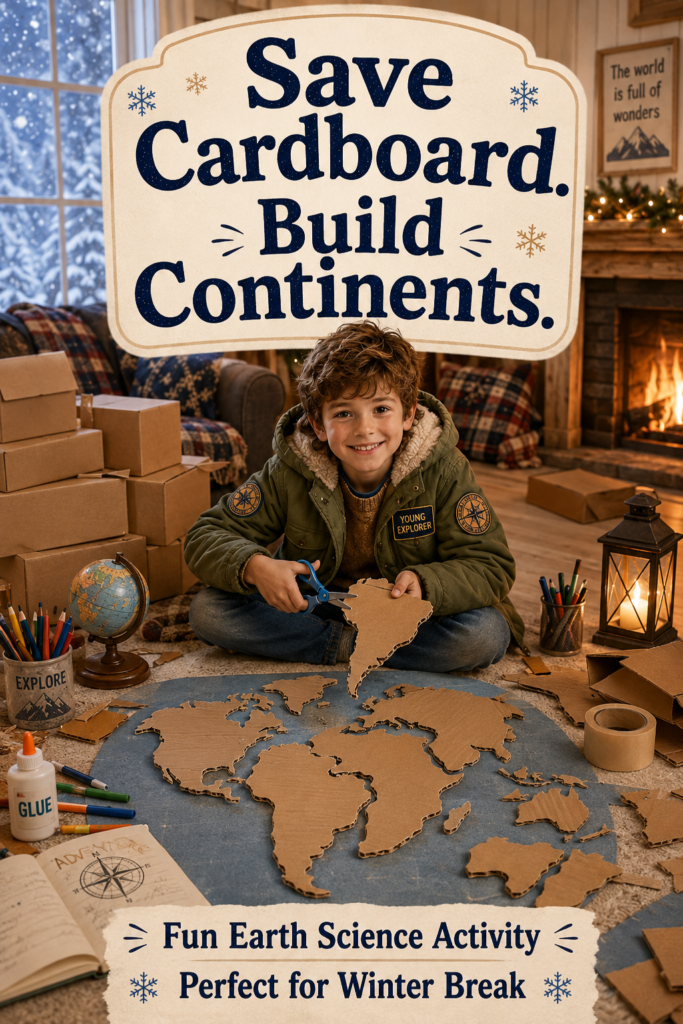 A child explorer cuts continent shapes from recycled cardboard and arranges them into a world map on the floor beside boxes, scissors, glue, pencils, and a globe.
