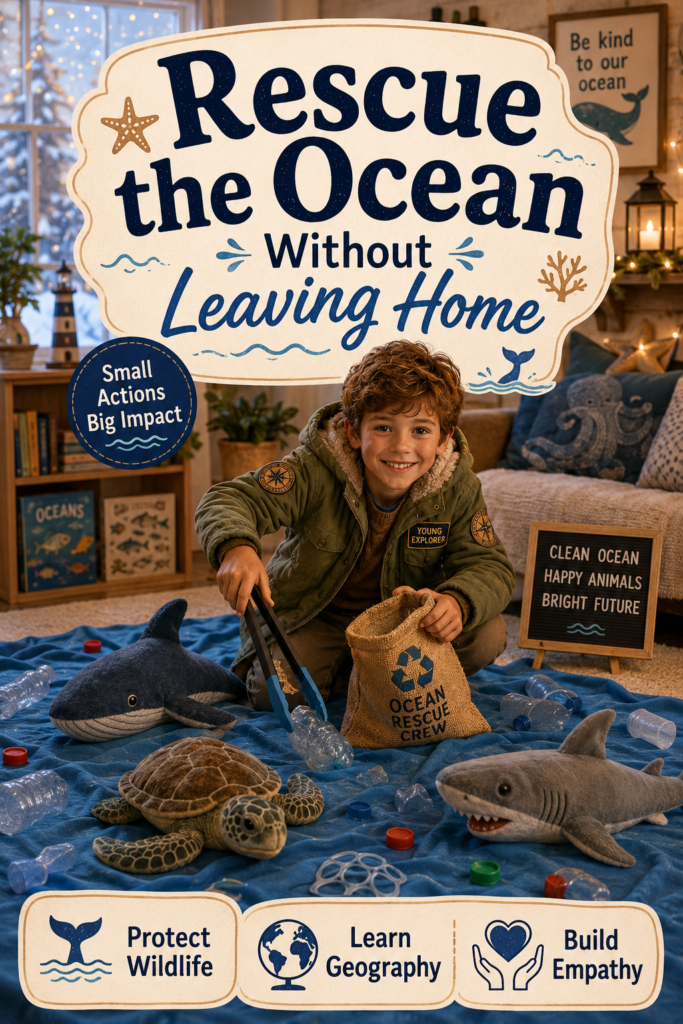 A child explorer uses tongs to collect plastic bottles and caps from a blue blanket ocean surrounded by a toy whale, sea turtle, and shark during an indoor ocean rescue activity.