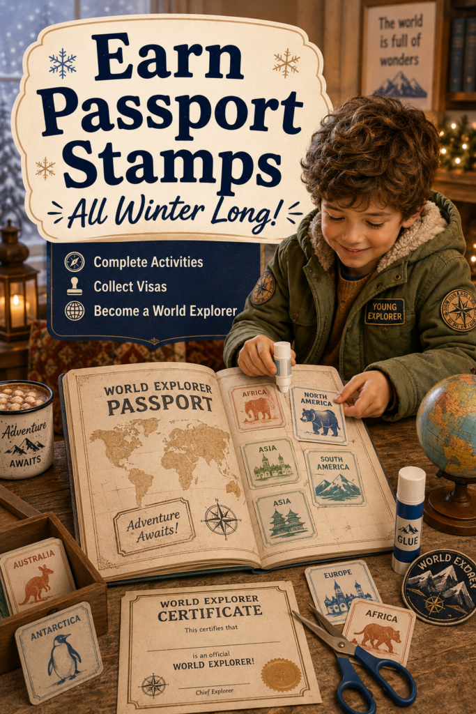A child explorer adds a new visa to an open World Explorer Passport surrounded by printable visas, badges, scissors, glue, a globe, and a World Explorer certificate.