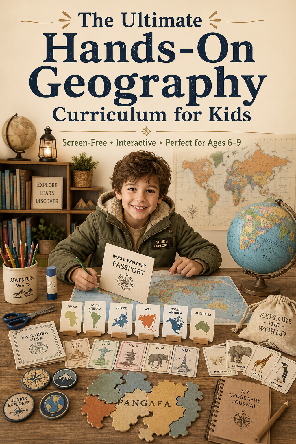 A smiling child explorer sits at a cozy table surrounded by a World Explorer Passport, continent cards, visas, badges, animal cards, a globe, world map, colored pencils, scissors, glue, and Pangaea puzzle pieces.