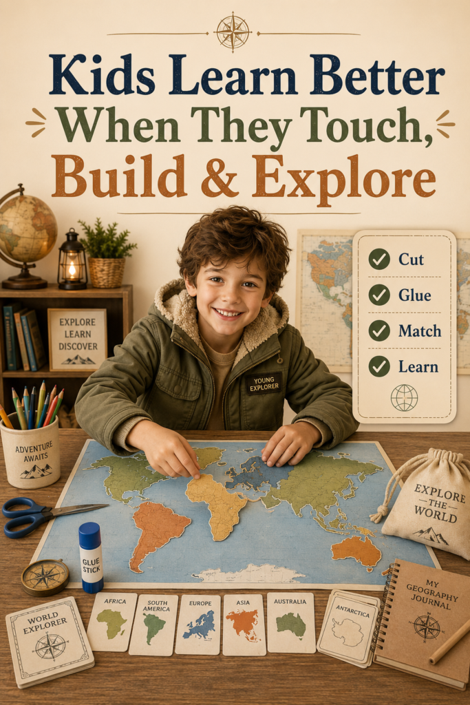 A child explorer assembles a tactile world map from colorful continent pieces on a table beside scissors, glue, continent cards, a compass, and a geography journal.