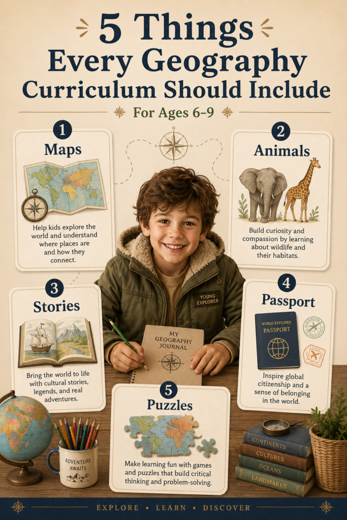 A geography curriculum infographic shows a child explorer surrounded by five learning elements: maps, animals, stories, a passport, and puzzles for children ages 6–9.