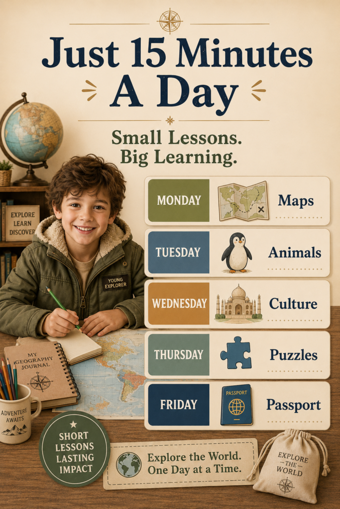 A child explorer sits beside a simple Monday-to-Friday geography schedule featuring maps, animals, culture, puzzles, and passport activities in short daily lessons.