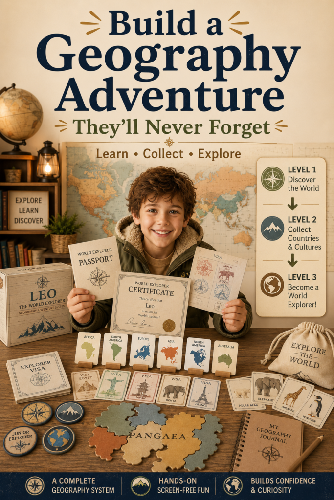 A smiling child explorer holds a World Explorer Passport, visas, and certificate beside a three-level geography learning path, continent cards, badges, animal cards, and Pangaea puzzle pieces.