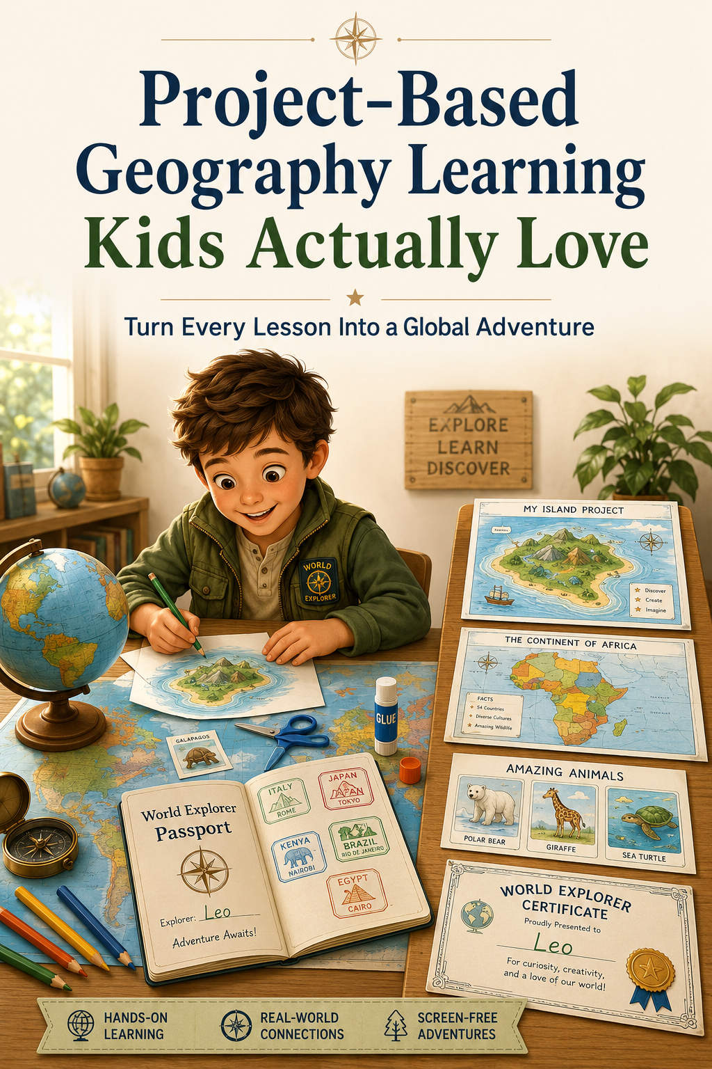 Leo creates a hands-on geography project at a large table with a world map, globe, compass, scissors, pencils, island drawing, animal cards, World Explorer Passport, visas, and completed explorer projects.