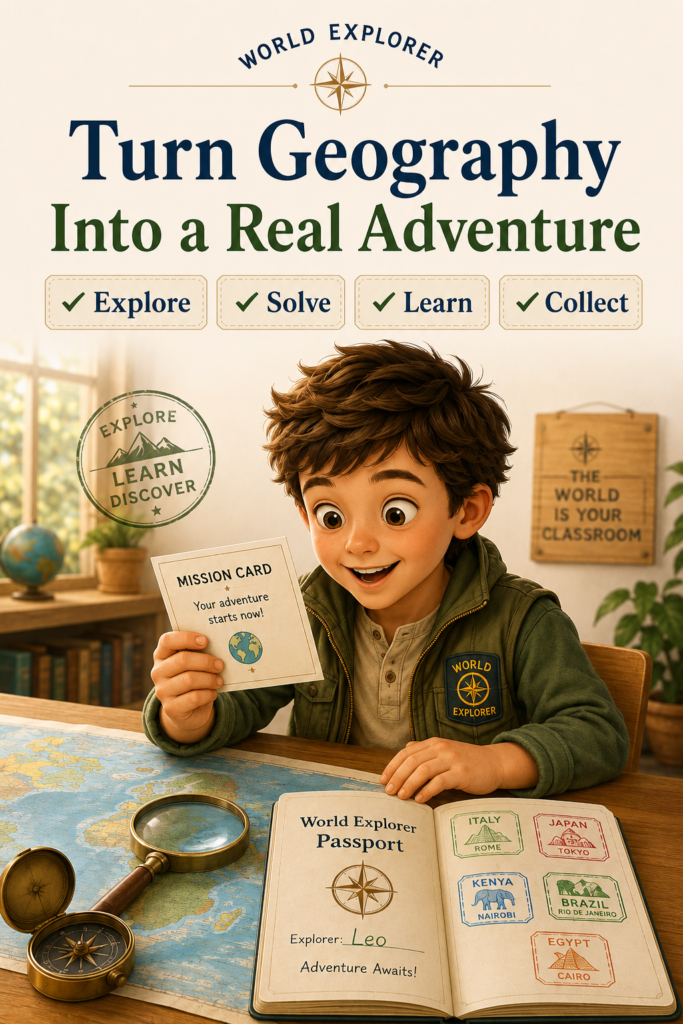 Leo holds a geography mission card at a homeschool desk with a world map, magnifying glass, compass, and open World Explorer Passport, surrounded by Explore, Solve, Learn, and Collect badges.
