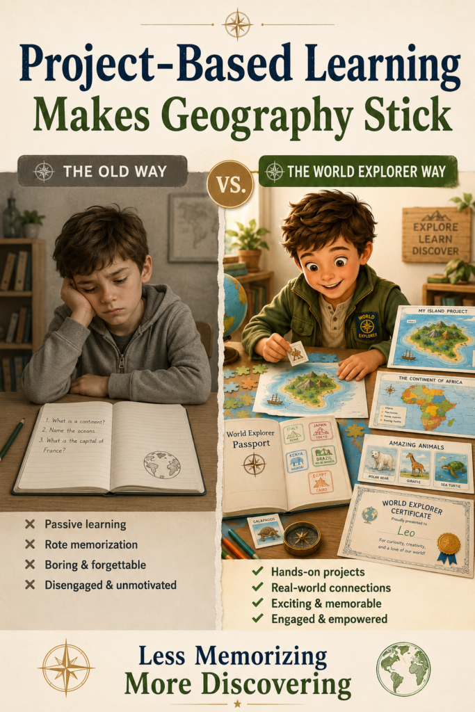 Split-screen comparison showing a bored child completing a traditional geography workbook on one side and Leo enjoying maps, puzzles, visas, badges, animal cards, and hands-on geography projects on the other.