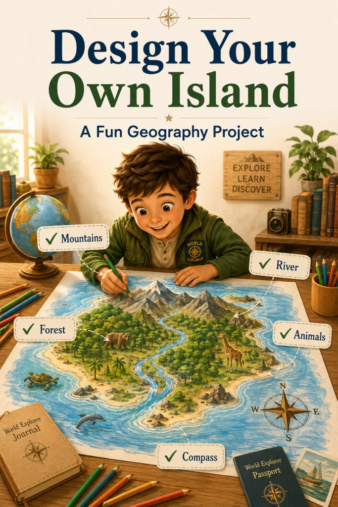 Leo draws a colorful imaginary island with mountains, a river, forest, animals, beaches, and a compass rose during a creative hands-on geography project for kids.
