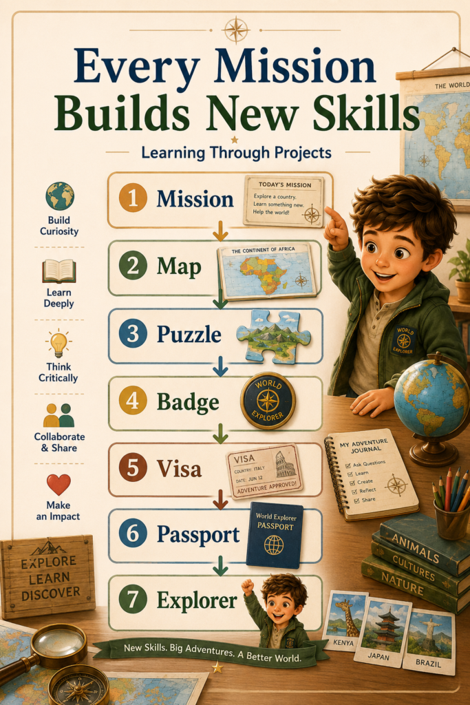 Educational infographic showing Leo progressing through a geography adventure from mission card to map, puzzle, badge, visa, passport, and confident World Explorer.