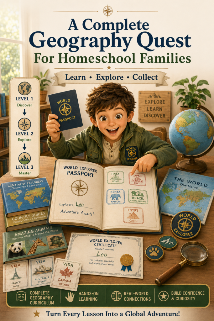 Leo displays his World Explorer Passport beside Level 1, Level 2, and Level 3 geography resources, surrounded by books, visas, badges, certificates, a globe, and a world map.
