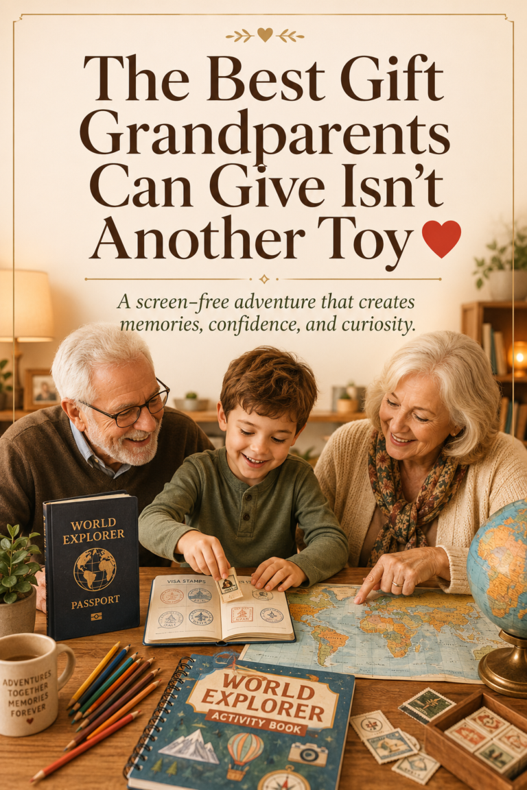 A smiling grandfather and grandmother spend time with their grandson at a cozy table while he adds a new visa to his World Explorer Passport. A world map, globe, colored pencils, and World Explorer activity book create a warm screen-free learning scene.