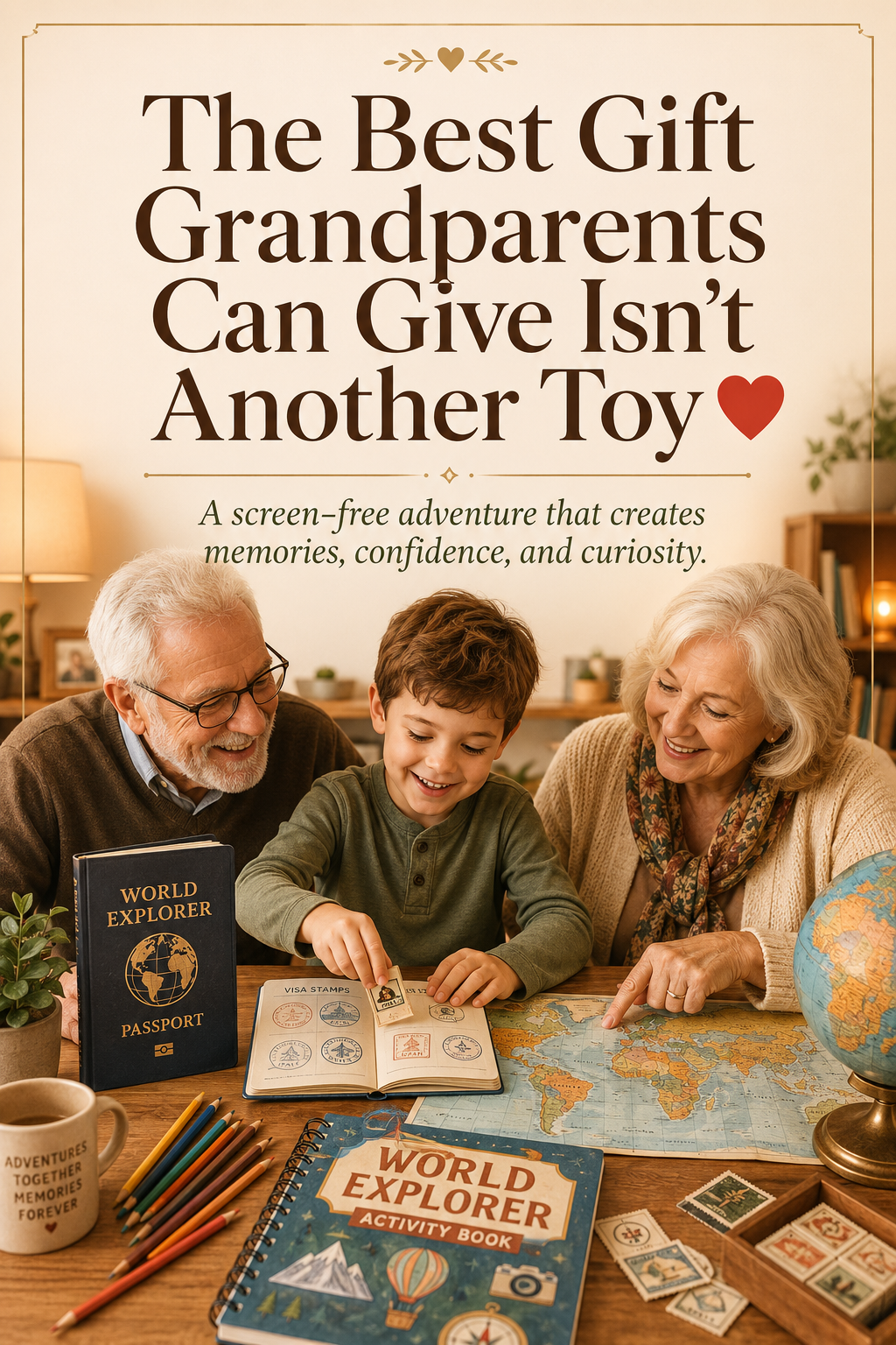 A smiling grandfather and grandmother spend time with their grandson at a cozy table while he adds a new visa to his World Explorer Passport. A world map, globe, colored pencils, and World Explorer activity book create a warm screen-free learning scene.