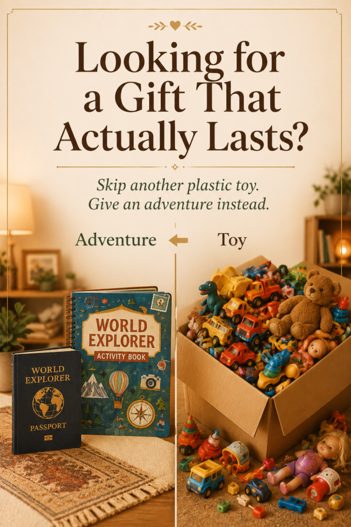 A tidy World Explorer Passport and geography activity book are compared with an overflowing box of plastic toys, showing the difference between another temporary toy and a lasting educational adventure.