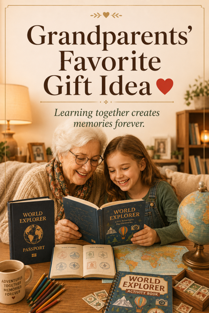 A grandmother and granddaughter read a World Explorer book together beside a world map, globe, passport, and collected visas in a warm home setting focused on learning and shared memories.