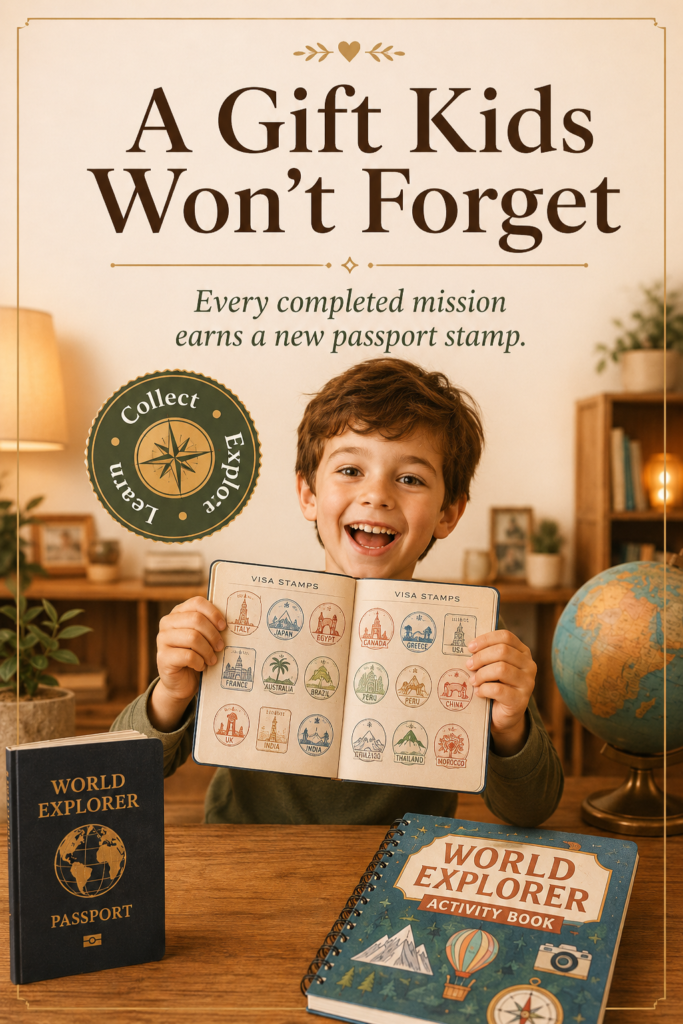 A happy child proudly holds open a World Explorer Passport filled with colorful visa stamps, with a geography activity book, globe, and Collect, Explore, Learn badge nearby.