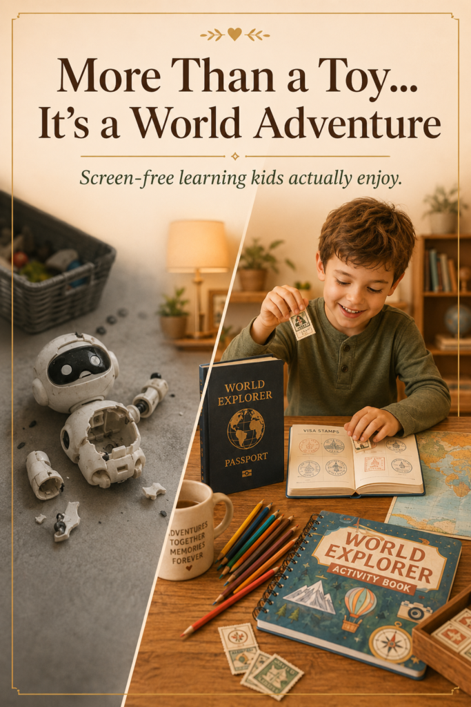 Diagonal comparison showing a broken plastic toy on one side and a smiling child enjoying a World Explorer Passport, activity book, colored pencils, map, and screen-free geography learning on the other.