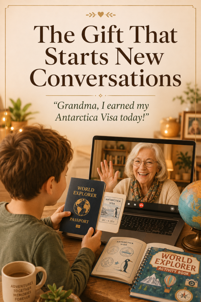 A child shows an Antarctica visa in a World Explorer Passport to his smiling grandmother during a video call, with an open Antarctica activity book and globe on the table.