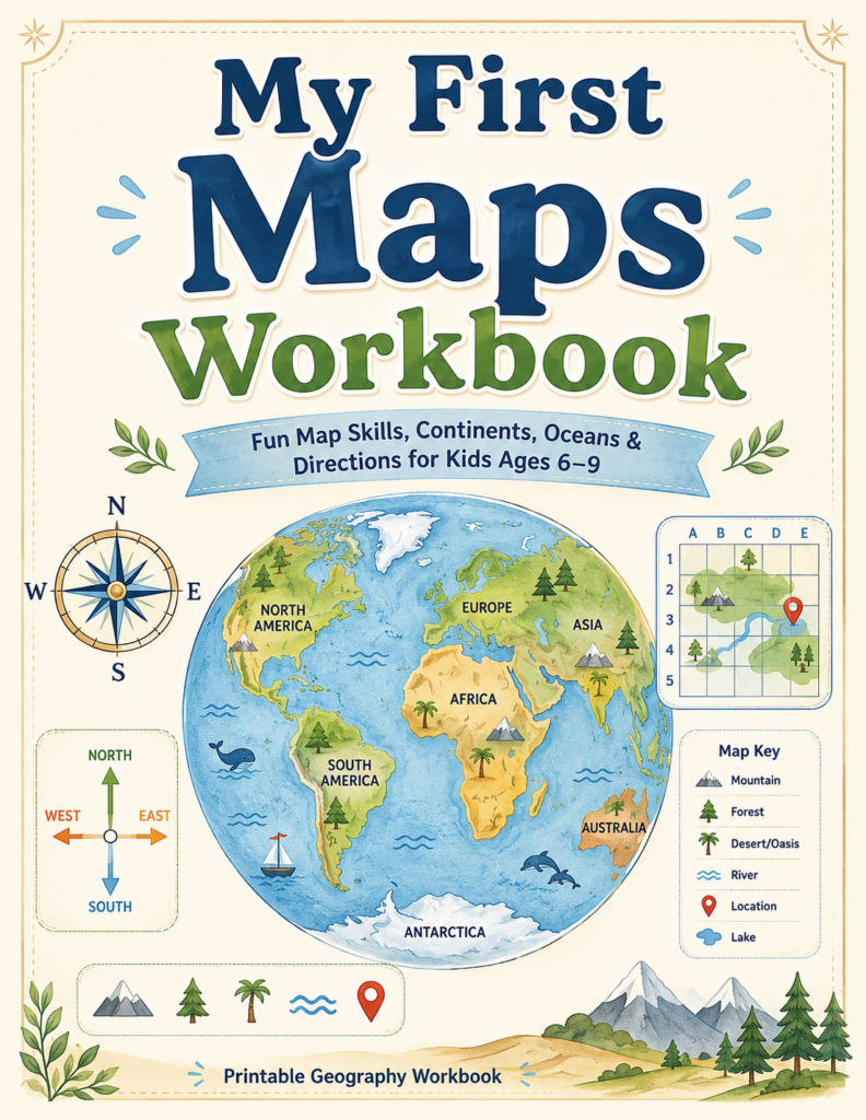 My First Maps Workbook helps children learn geography through games, exploration, and hands-on activities instead of traditional worksheets. Map Skills for Kids workbook featuring continents, oceans, compass directions and coordinate activities for ages 6–9.