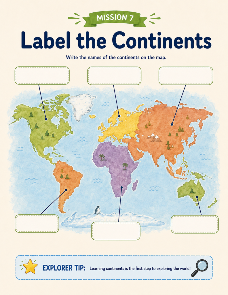 Continents of the world printable geography activity helping children recognize and label all seven continents