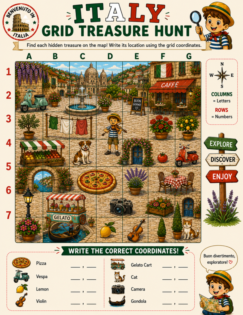 Italy geography activity book with treasure hunt worksheet for kids